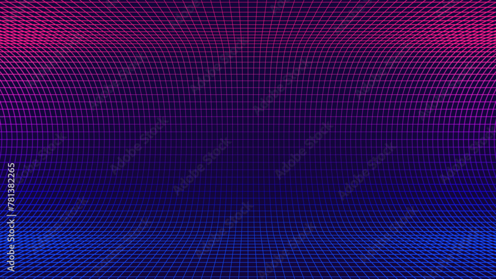 Poster Synthwave Grid. Grid Frame Retrowave Party Flyer Background. Round Wall Mesh Backdrop. Abstract Digital Background. Vintage Computer Virtual Reality VR Tunnel Technology Vector Illustration.