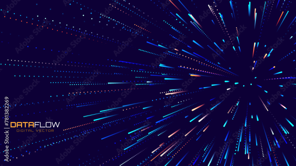 Poster Digital Data Flow Vector Background. Big Data Technology Lines. 5G Wireless Data Transmission. High Speed of Light Trails. Information Flow in Virtual Reality Cyberspace. Vector Illustration.