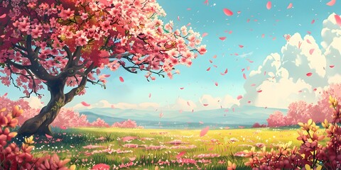 Ethereal Floral Landscape with Blooming Tree and Falling Petals Seasonal Transformation of Nature s Beauty