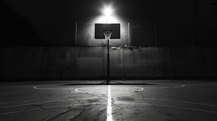 A minimalist black and white photograph of a basketball court at night, with dramatic lighting and...