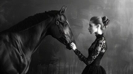 Black horse and female model black and light black, symbolic use of animals. - obrazy, fototapety, plakaty