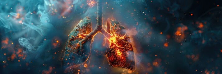 A graphic of a human lung with smoke and fire surrounding it by AI generated image - obrazy, fototapety, plakaty