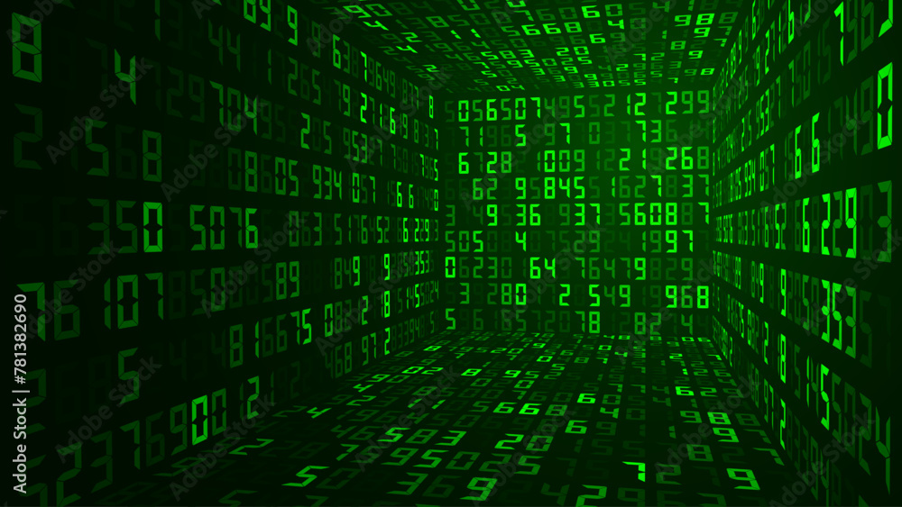 Poster Big Data 3D Cube in Matrix Style. Quantum Computer CPU Core Code Concept Background. 3D Blockchain Cube Blocks Concept. Data Sorting. Artificial Intelligence HUD Design Element. Vector Illustration.