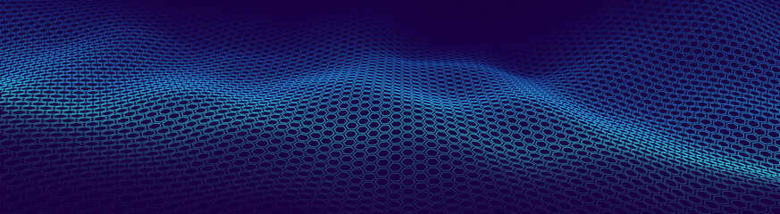 Graphene Hexagonal Grid. Molecular Network of Hexagons Connected. Chemical Network. Carbon Nanomaterials Nanotechnology Concept. Vector 3D Illustration. - obrazy, fototapety, plakaty