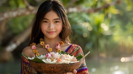 Charming Thai Girl Celebrating Songkran with Floral Water Offering in Natural Setting