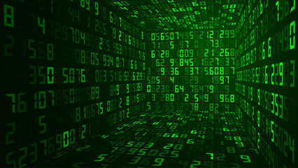 Obraz premium Big Data 3D Cube in Matrix Style. Quantum Computer CPU Core Code Concept Background. 3D Blockchain Cube Blocks Concept. Data Sorting. Artificial Intelligence HUD Design Element. Vector Illustration.