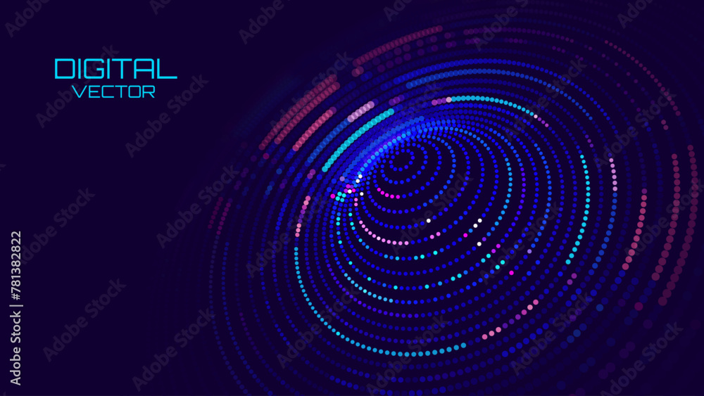 Poster Big Data Visualization. Circular Particles Dots Vortex Abstract Galaxy. Futuristic Science or Finance Infographic Design. Complex Visual Data Background. Abstract Data Flowing. Vector Illustration.