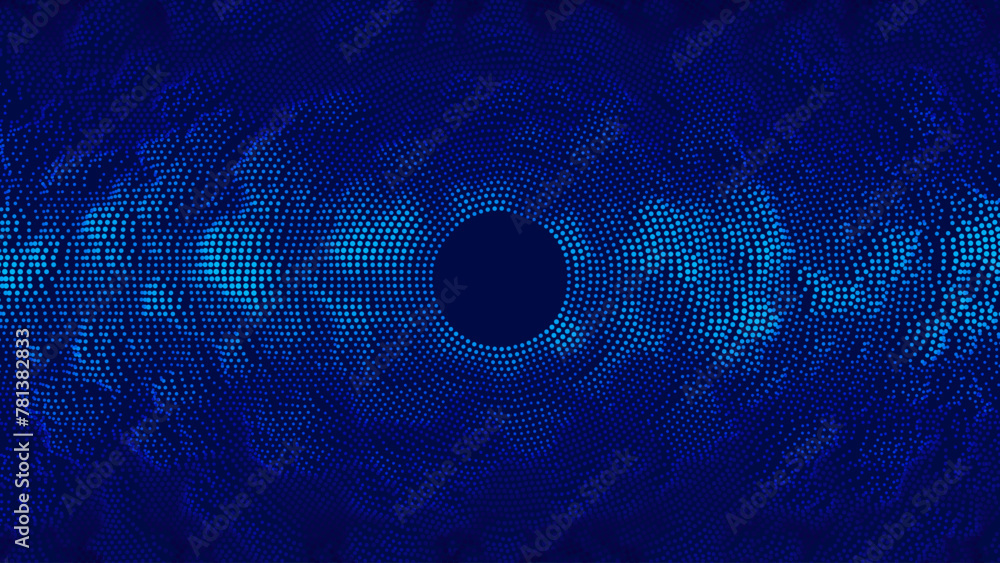 Poster Abstract Digital Circles of Particles with Noise. Futuristic Circular Sound Wave. Big Data Visualization. 3D Virtual Space VR Cyberspace. Vector Illustration.