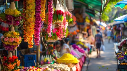 Vibrant Songkran Marketplace with Colorful Flowers,Traditional Foods,and Festive