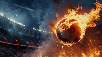 A burning soccer ball flies over the soccer field.