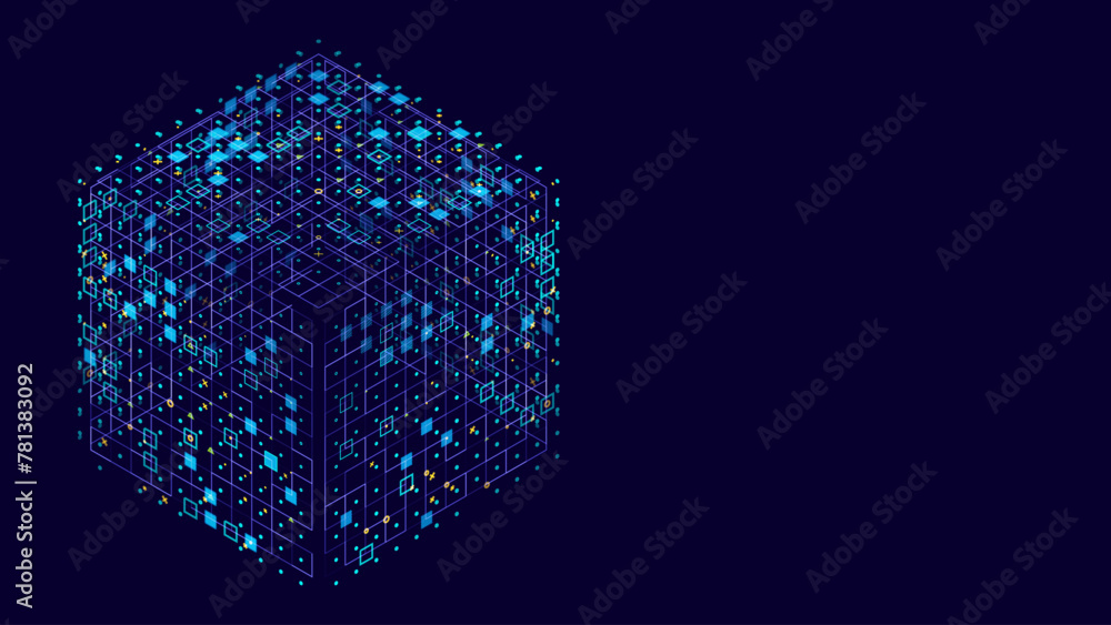 Poster Big Data Storage Technology. Abstract Data Cube Background. Modern Technology Banner. Information Server. Data Science Computer Science Algorithms Vector Illustration.
