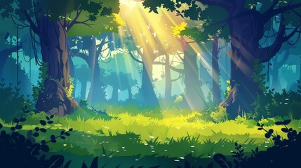 Illustration of summer woods landscape with sunshine beams. Jungle panorama with green lawn. Sunny glade with green grass and silhouettes of tree trunks.