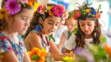 Children Enjoying Flower Crown Workshop at Sunlit Table