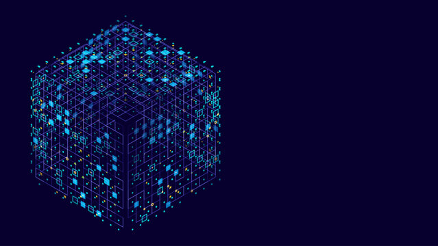 Big Data Storage Technology. Abstract Data Cube Background. Modern Technology Banner. Information Server. Data Science Computer Science Algorithms Vector Illustration.