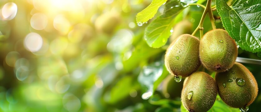 In a tropical kiwi garden, healthy green avocado fruits are strung from lovely green trees as the sun shimmers through fuzzy setting and space, Generative AI.