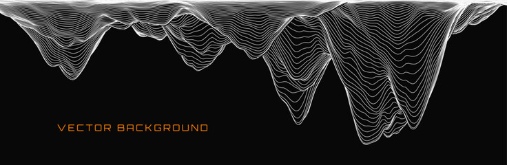 Black and White Wireframe Stalactite Cave. Abstract Fluid Lines Design. 3D Topographic Map Background Concept. Geography Concept. Tech Wavy Backdrop. Space Game Surface HUD Design Element.