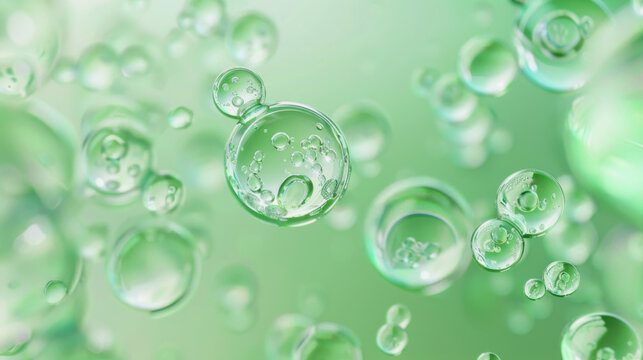 Green translucent cosmetic molecules in 3D rendering with simple cell background