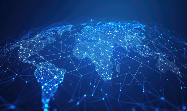 A low-poly map of the world. A grid of lines and points. Blue background.