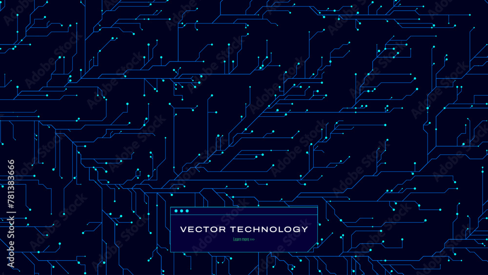 Poster Hi-Tech Digital Circuit Background. CPU Microchip Abstract Blue Electric Board Design. Digital Particles with Trails Forming Tech Pattern. Vector Illustration.