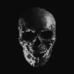 Skull Cross Hatched Lines Stylized Pixel Art. Danger Piracy Skull Sign. Hacking DDOS Attack Spam Computer Virus Trojan Concept. Malware Ransomware Deadly Code Vector Illustration.