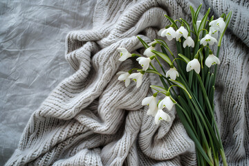 Top view of spring snowdrops on beige fabric with copy space. Flat lay banner with first white flowers. The Day of Snowdrop concept. Floral background of fresh nature for wedding, greeting card, ads.