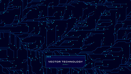 Hi-Tech Digital Circuit Background. CPU Microchip Abstract Blue Electric Board Design. Digital Particles with Trails Forming Tech Pattern. Vector Illustration.