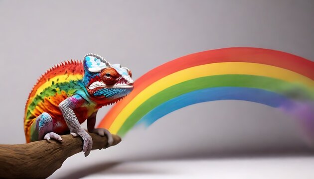 isolated, soft background, copy space, cheerful chameleon blending into a rainbow concept