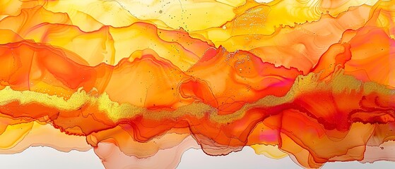 Alcoholic ink fosters an abstract, vivid backdrop with a harmonious interplay of orange and golden acrylic paint variance of alcoholic ink and space, Generative AI. - obrazy, fototapety, plakaty