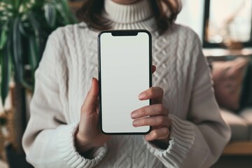 Screen display over shoulder of a middle-aged woman holding an smartphone with a completely white screen
