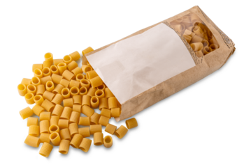 Macheroni mezze maniche pasta bronze-drawn Italian wheat pasta coming out of paper bag cut out