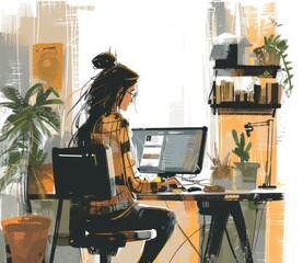 An AI generated illustration of a young woman working on computer in studio apartment with plants and books