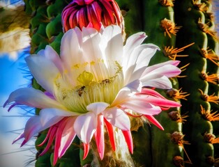 Beautiful white saguaro cactus flower with bee © R. Herman Creations