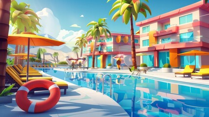 Cartoon modern illustration of an outdoor swimming pool at a hotel with chaise lounges, umbrellas and an inflatable ring or ball in the water. Palm trees line the building facade. - obrazy, fototapety, plakaty