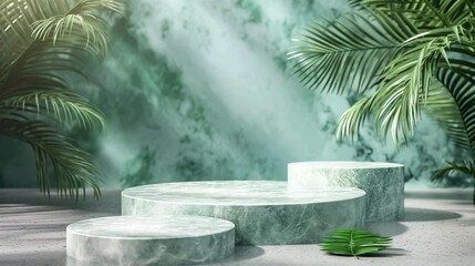 Fototapeta na wymiar Podium display platform mockup,white marble and stone,plant background,3D render