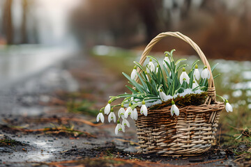 Basket with bouquet of wild snowdrops in forest clearing. Spring banner with first white flowers with copy space. The Day of Snowdrop concept. Floral background of fresh nature for ecology concept. - Powered by Adobe
