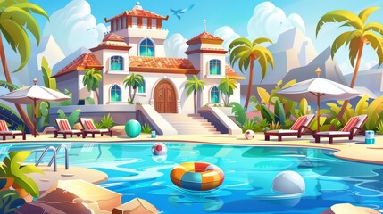 Tropical landscape with building, palm trees, lounge chairs, umbrellas on poolside, inflatable ring, raft and ball in water. Cartoon illustration of a luxury resort hotel and swimming pool.