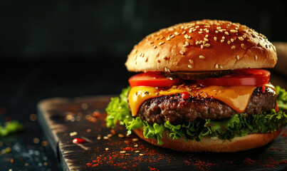 Fresh tasty burger on dark background