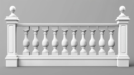 The balustrades of white stone or marble feature columns, pillars, balusters, and handrails. Modern realistic set of three-dimensional fencing that can be used for balconies, terraces, and