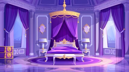 This is an illustration of the interior of a king or queen's luxury room in a palace with purple furniture in classical empire style. The bed is covered by a canopy, the books are on the table, and