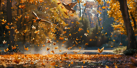 Autumn landscape with autumn trees, lake,soft sunlight and beautiful birds flying in the air,