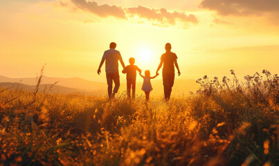 happy family, mother, father, children son and daughter on nature on sunset