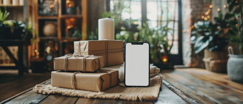A white cell phone sits on top of a stack of brown boxes by AI generated image