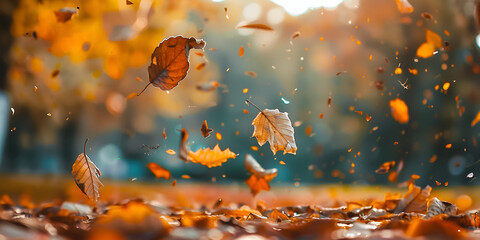 Autumn leaves flying in the air in the forest. Bokeh natural background,Autumn rainy background.  - obrazy, fototapety, plakaty