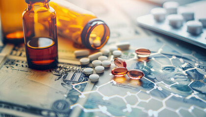 A table with a bunch of pills and a bottle of pills by AI generated image - obrazy, fototapety, plakaty