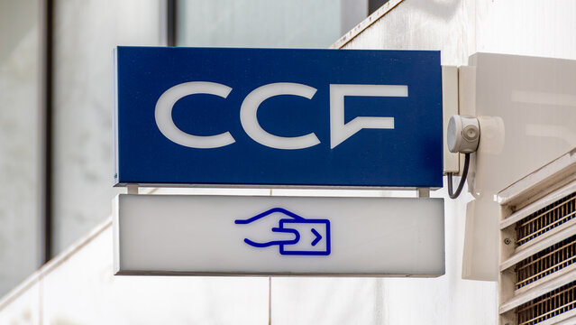 Paris, France - 9 avril 2024: Enseigne et logo d'une agence bancaire du groupe Cr&eacute;dit commercial de France (CCF). Le CCF est une banque fran&ccedil;aise qui op&eacute;rait auparavant en France sous la marque HSBC