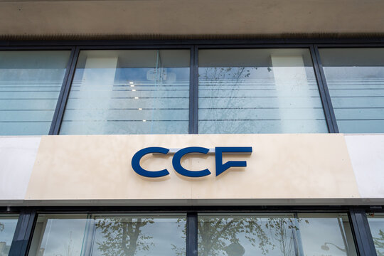 Paris, France - 9 avril 2024: Enseigne et logo d'une agence bancaire du groupe Cr&eacute;dit commercial de France (CCF). Le CCF est une banque fran&ccedil;aise qui op&eacute;rait auparavant en France sous la marque HSBC