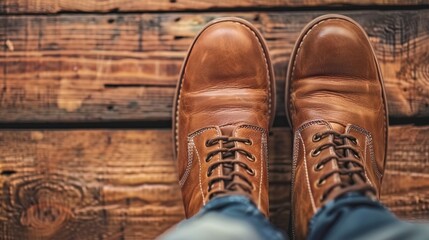 Person in brown shoes on wooden floor with feet up - obrazy, fototapety, plakaty