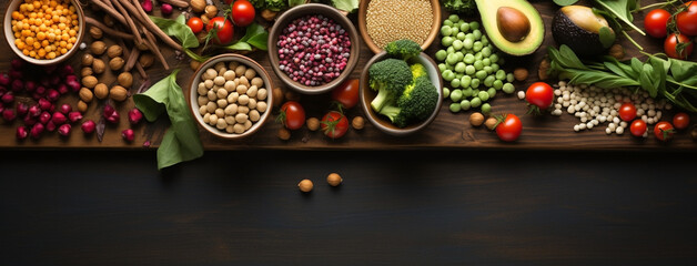 Wide view from above banner image of Vegetarian Day food banner with different types of vegetables and fruit items in a manner on black color wooden table with copy space 