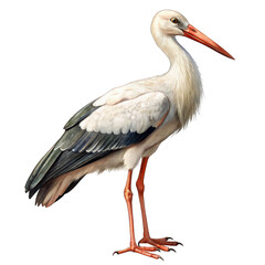 White Stork Ciconia standing alone on white background, surrounded by grass and nature