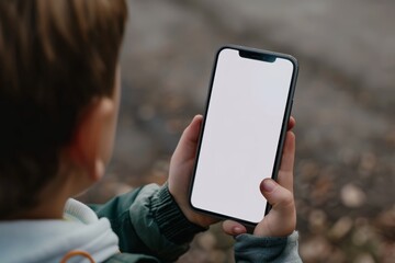 App demo near shoulder of a boy holding an smartphone with an entirely white screen